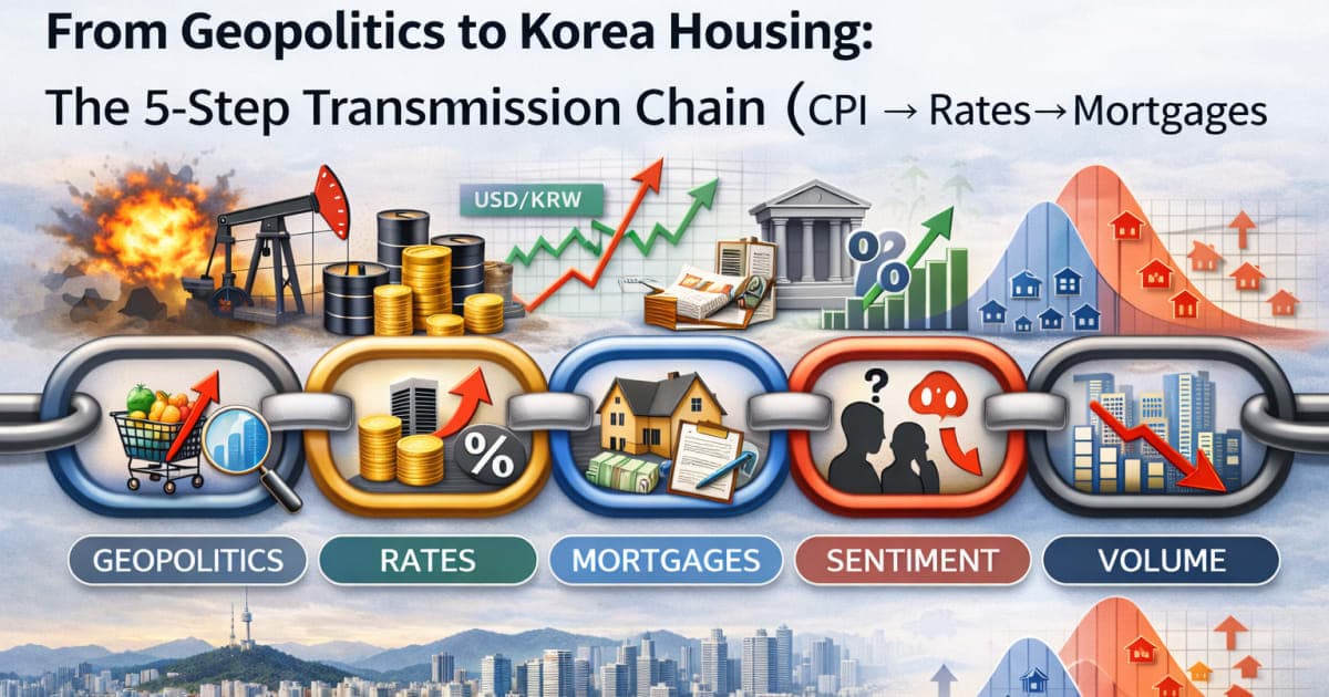 From Geopolitics to Korea Housing: The 5-Step Transmission Chain (CPI → Rates → Mortgages → Sentiment → Volume)